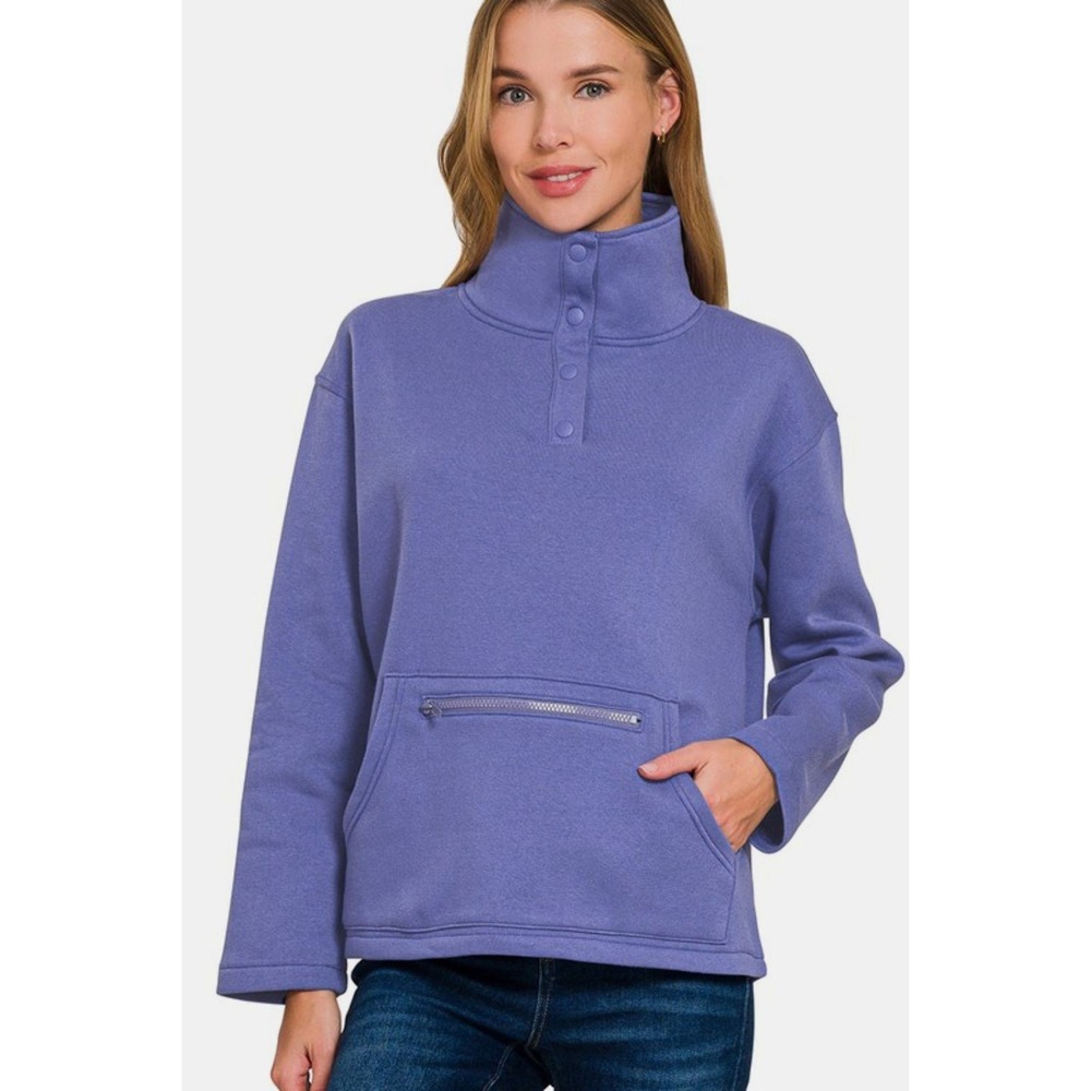 Zenana Turtleneck Half Snap Fleece Sweatshirt - Medium
